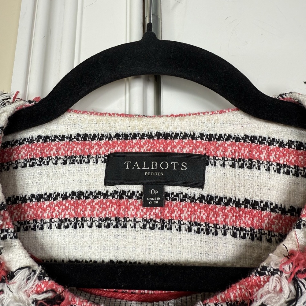 Talbots Blazer Womens 10 Petite Red Striped Blounce Tweed Zip Up Fringe Office - Picture 4 of 5